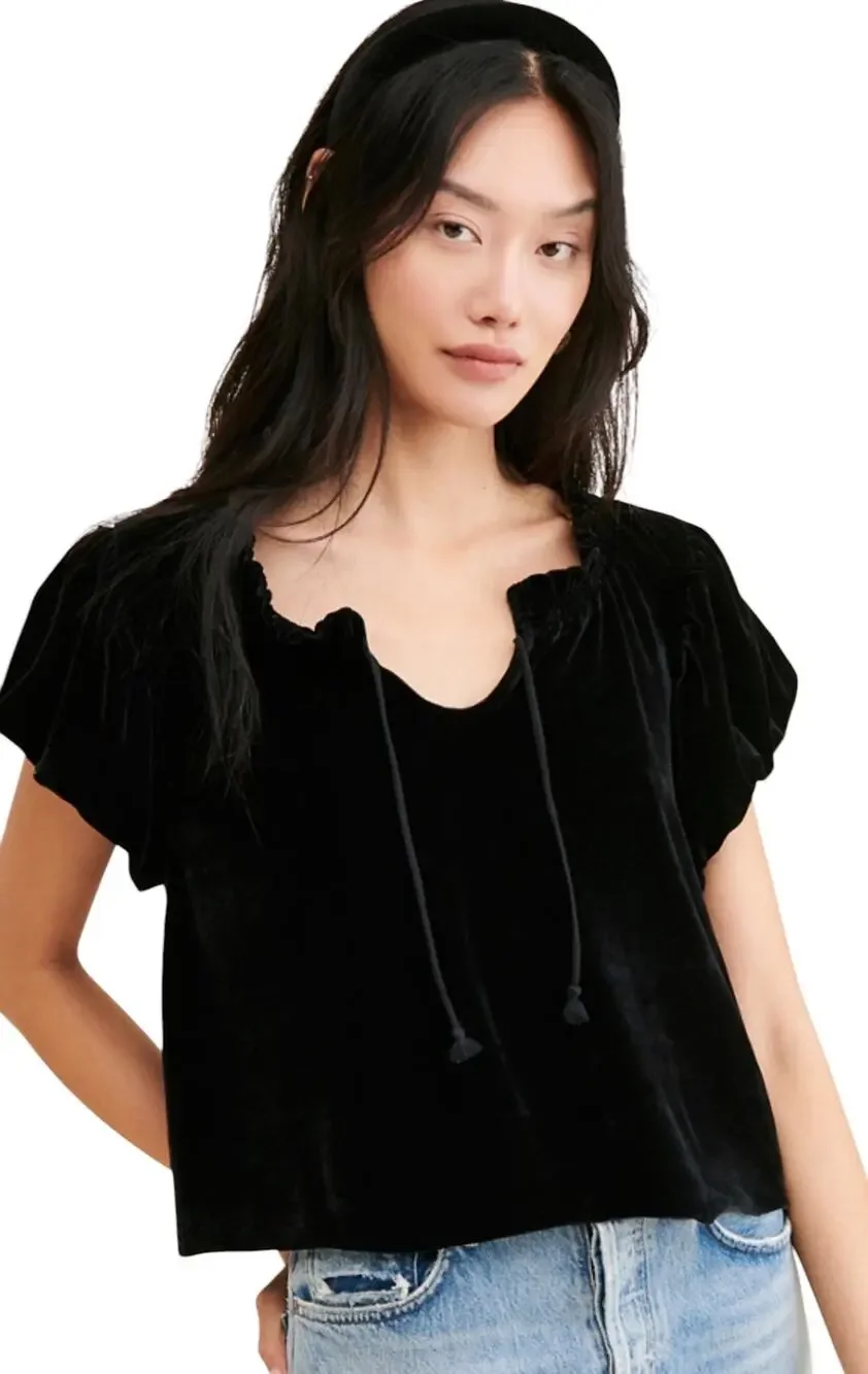 Free People Terese Black Velvet Babydoll Puff Sleeve Top, Romantic, Size Large